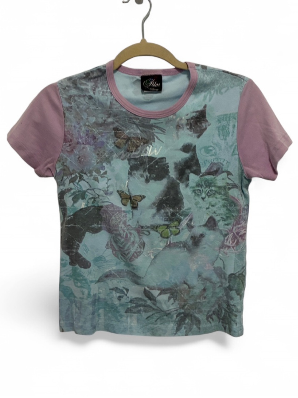 Vintage Pastel Cat Butterfly GraphicS Short Sleeve Tee - Pink & Blue